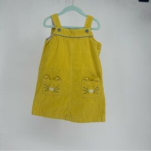 Mini Boden Baby Yellow Corduroy Cat Pinafore Dress Floral Lined Size 3-4Y
